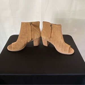 Toms tan suede ankle bootie with peep toe and 3” heel. Size 9